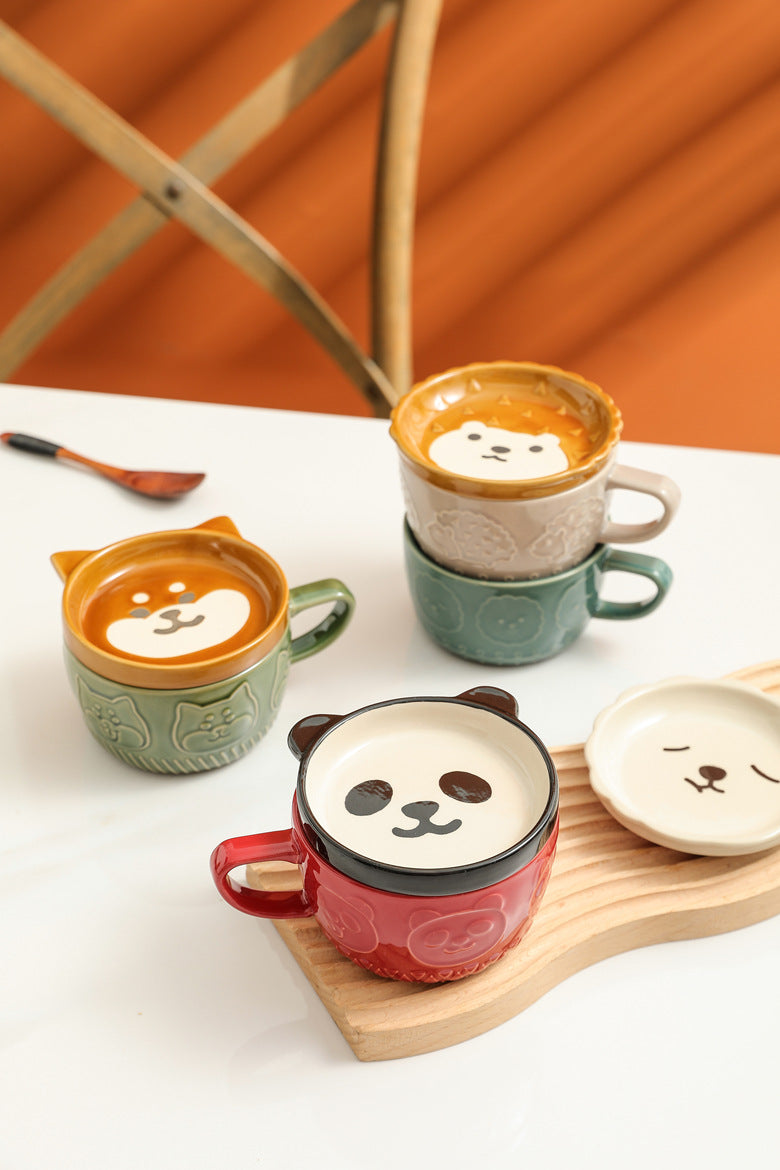 Adorable Animal-Themed Ceramic Coffee Mugs with Lids - 380 ML Capacity
